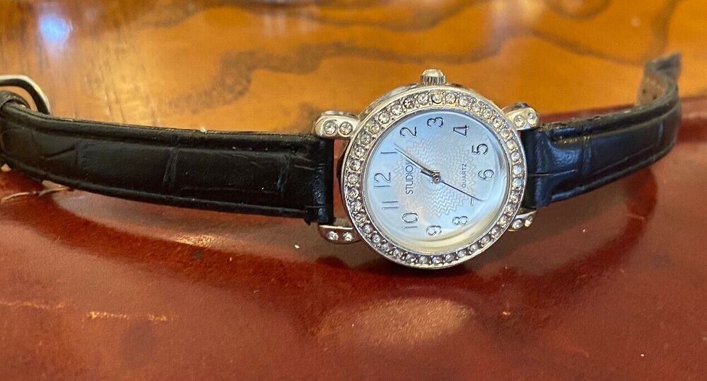 Women's Silver Tone Studio Time Watch, Crystal Accented Bezel, Black Band